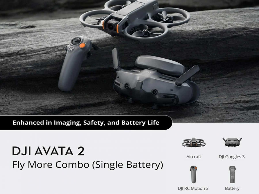 DJI Avata 2 drone with controller and goggles displayed on a dark textured surface.