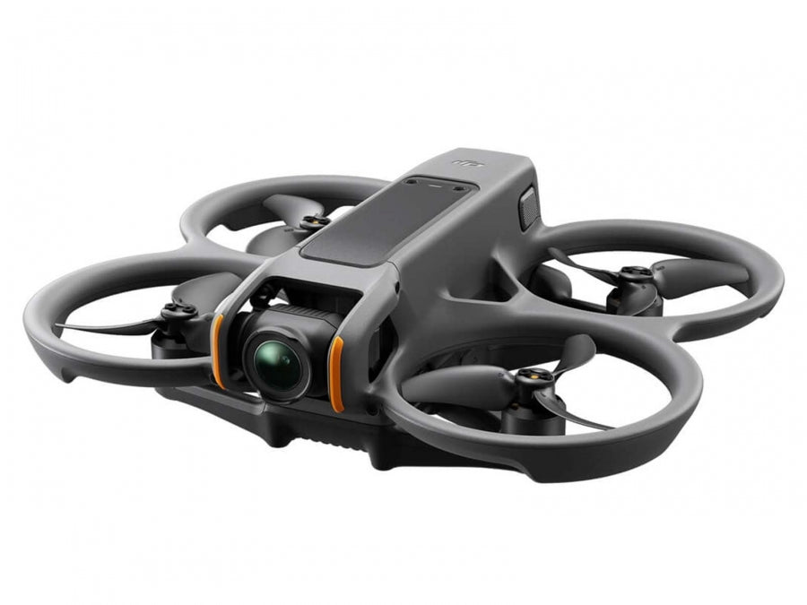 DJI Avata 2 drone with four propellers and front-facing camera in a protective frame, angled view.