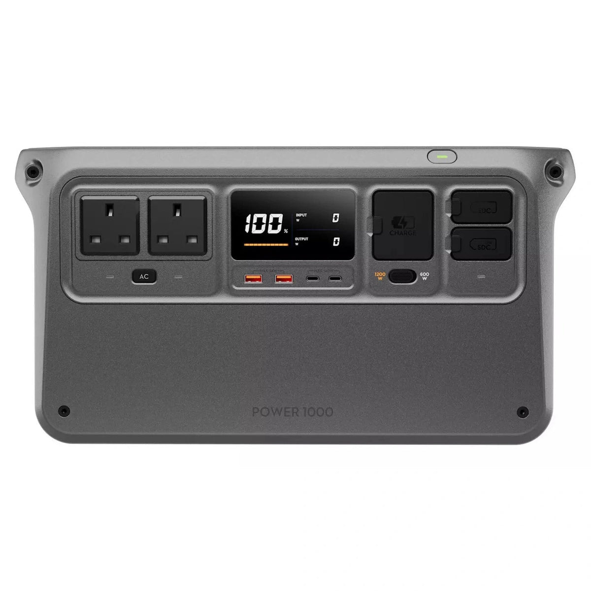 Front view of DJI Power 1000 Portable 1042Wh Power Station showing outlets, USB ports, and digital display at 100% charge