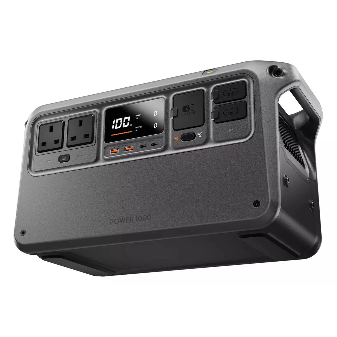 DJI Power 1000 portable power station angled view showing AC outlets, USB ports, display, and handle.