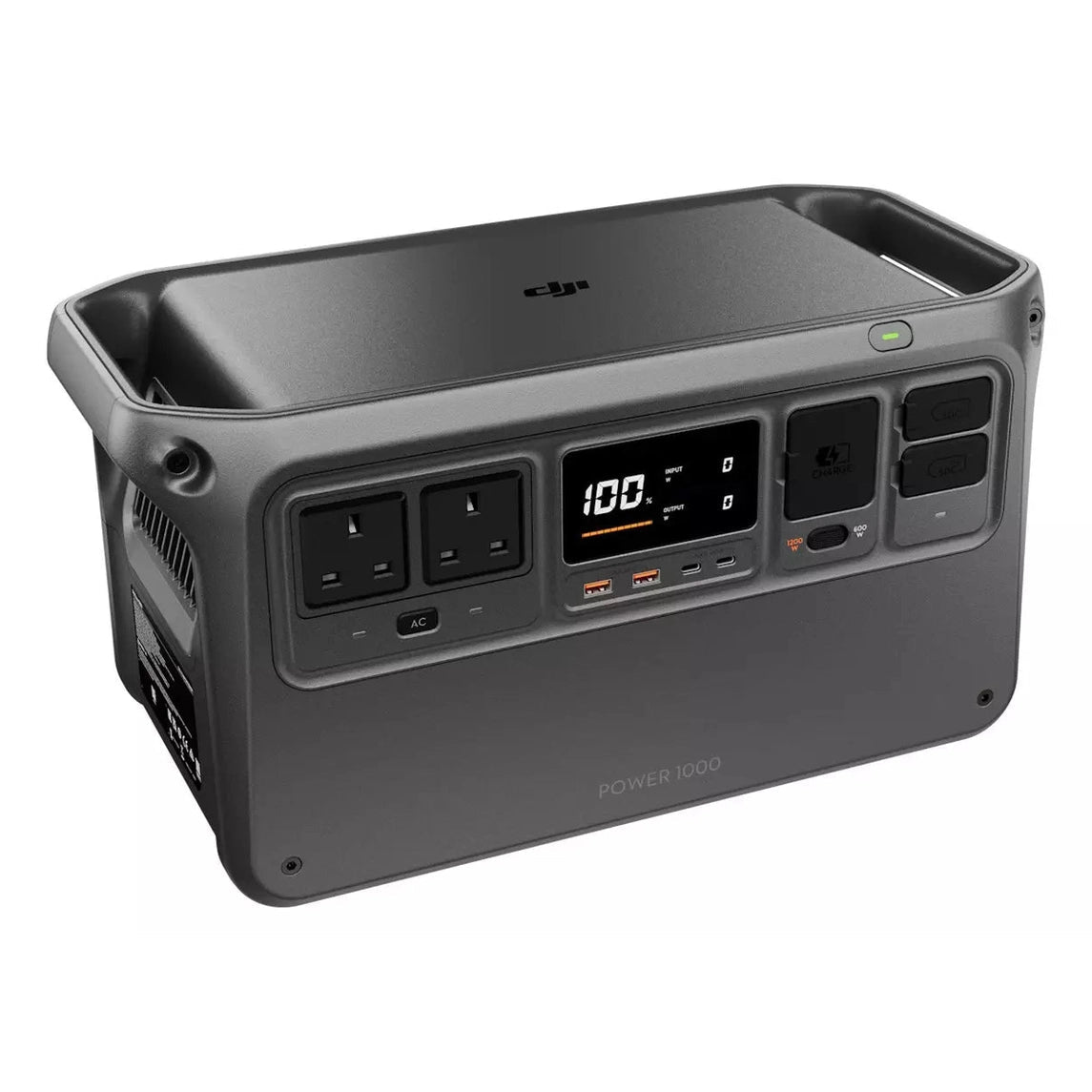 DJI Power 1000 portable power station showing front panel with outlets, USB ports, and digital display at 100% charge