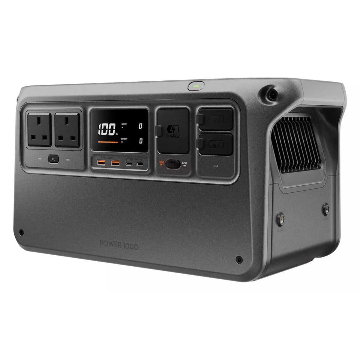 DJI Power 1000 portable power station showing front panel with outlets, USB ports, and digital display at 100% charge