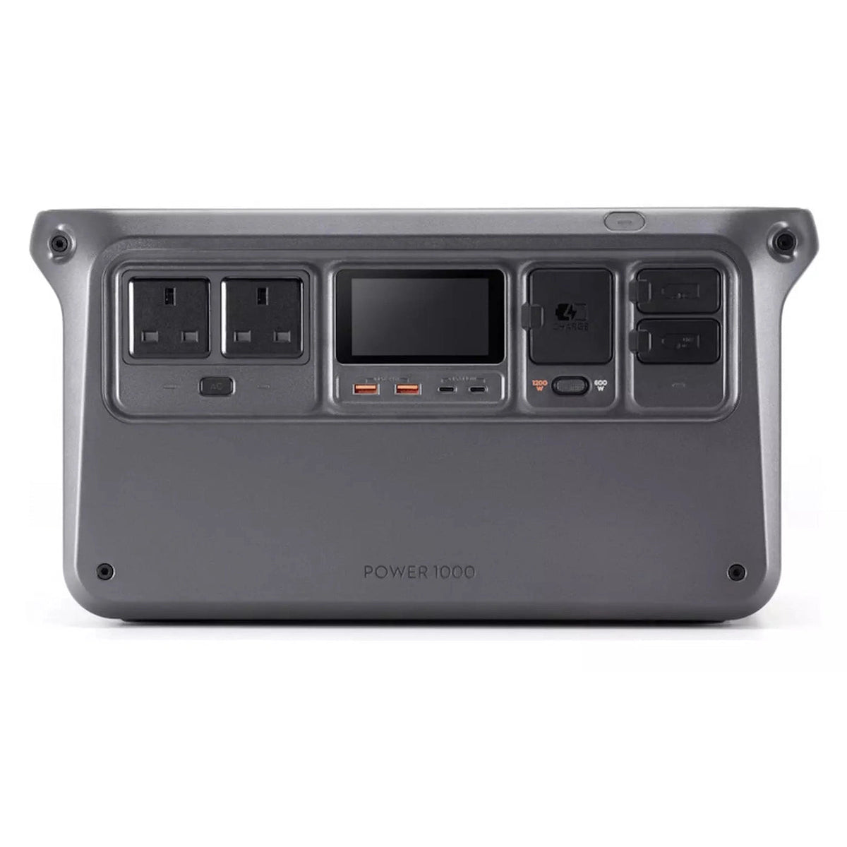 Front view of DJI Power 1000 Portable Power Station showing AC outlets, USB ports, display, and power mode switch
