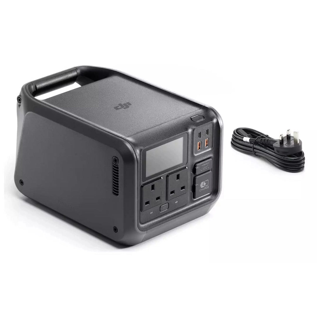 DJI Power 500 Portable Power Station with handle, display screen, multiple outlets, and included power cable.
