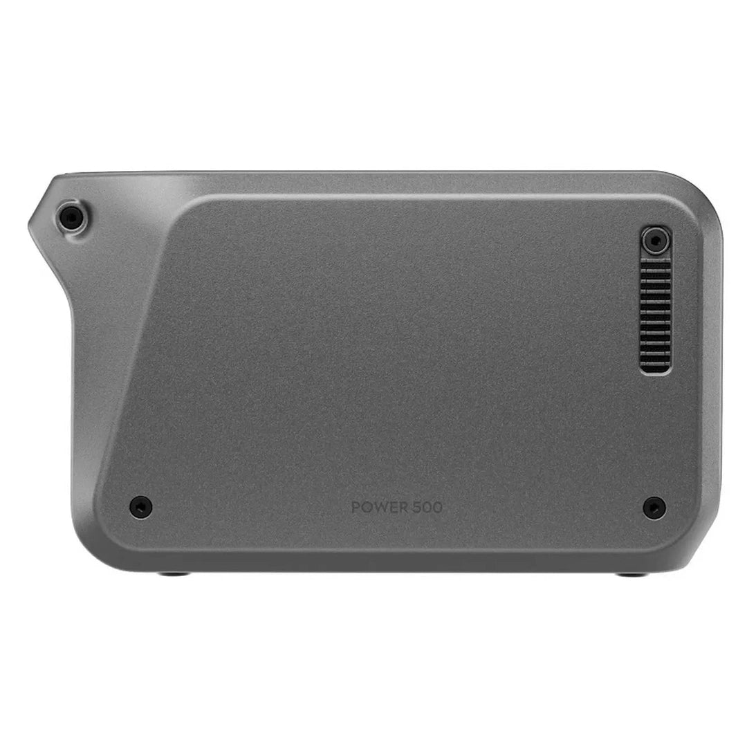 Side view of the gray DJI Power 500 Portable Power Station showing vent and screw details.