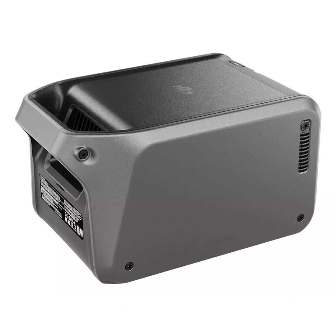 DJI Power 500 Portable Power Station shown from a side angle, highlighting its compact, gray design.