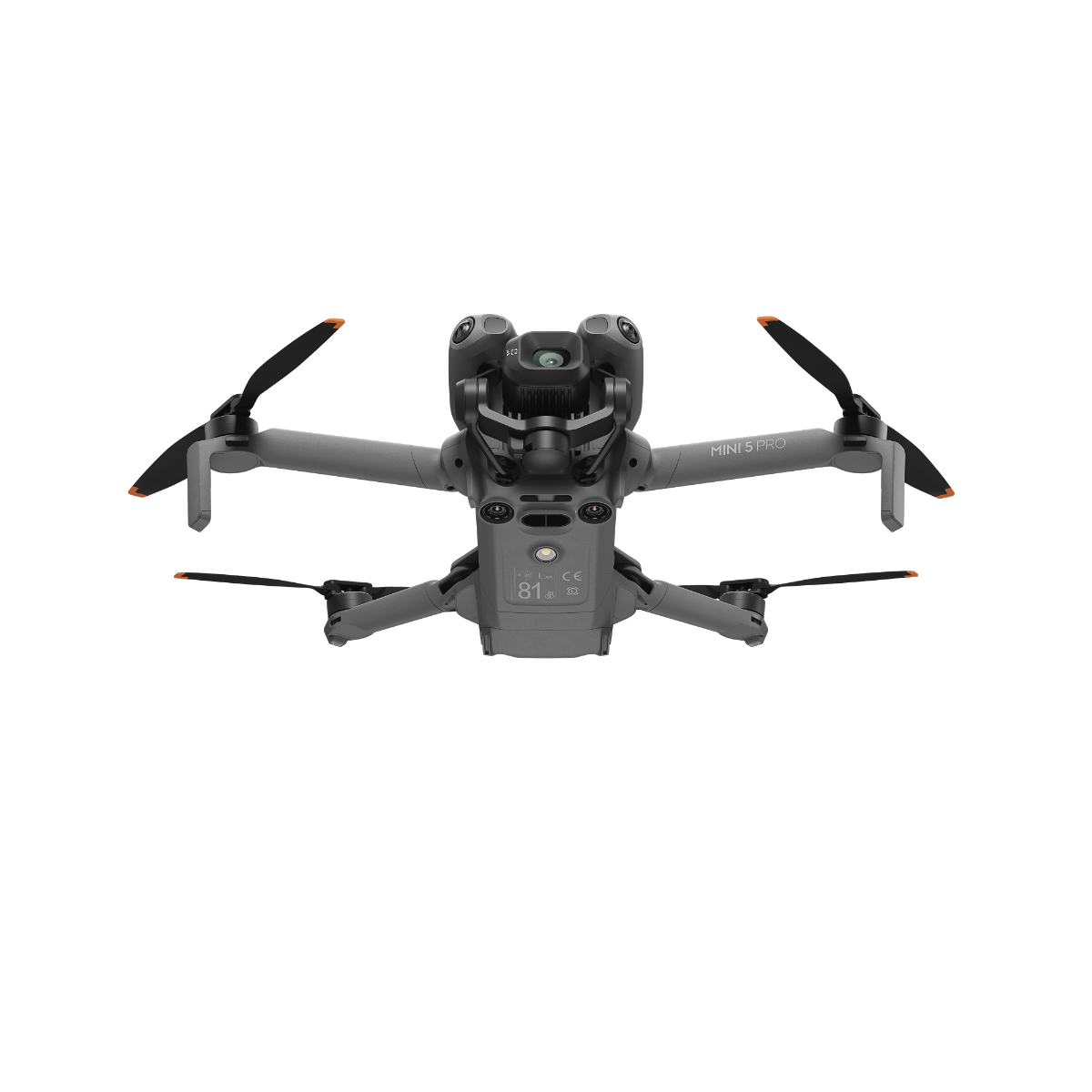 DJI Mini 5 Pro drone unfolded, front low-angle view showing camera and propellers with orange tips