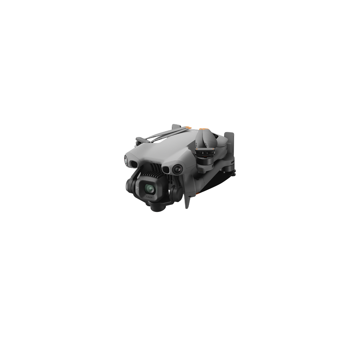 Folded DJI Mini 5 Pro drone shown from front-left angle with visible camera and folded propellers.