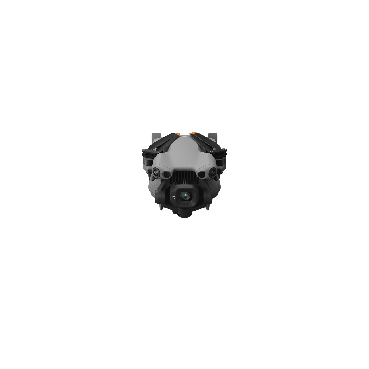 DJI Mini 5 Pro drone folded, front view showing camera and sensors against black background
