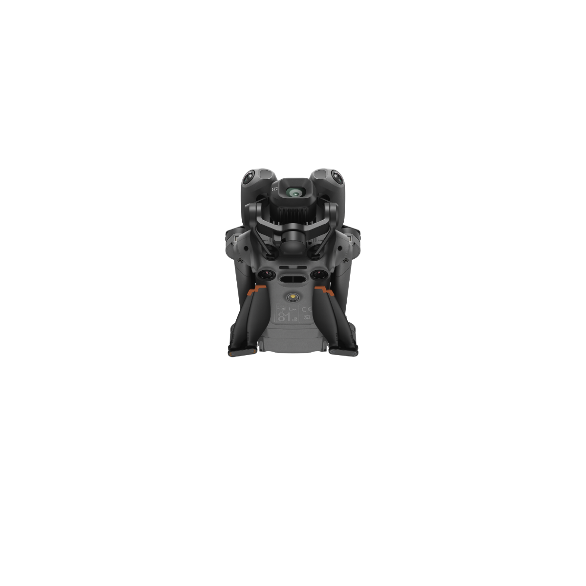 DJI Mini 5 Pro drone folded, front view showing camera and sensors at low angle