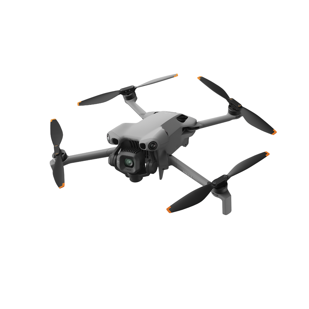 DJI Mini 5 Pro drone unfolded, angled left and top-down, showing camera and four propellers with orange tips.