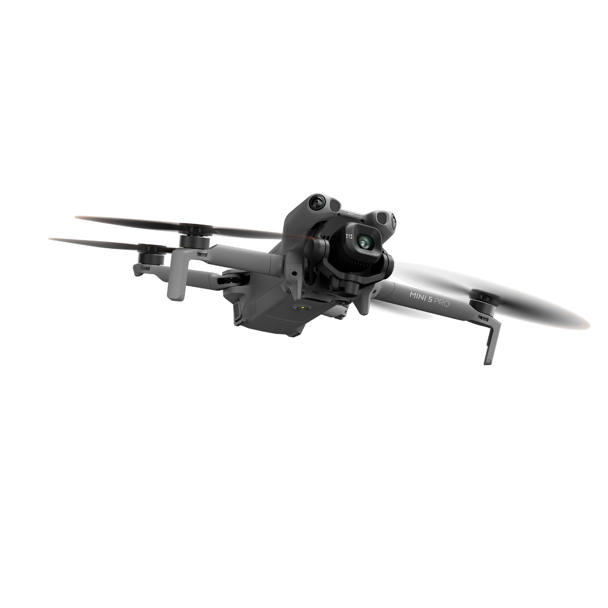 DJI Mini 5 Pro drone shown unfolded from a low front-right angle with propellers extended