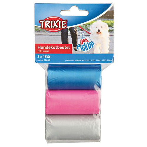 Dog pick up poo bags with handles, 3 rolls of 15 bags each, fits all dispensers – Keans Claremorris