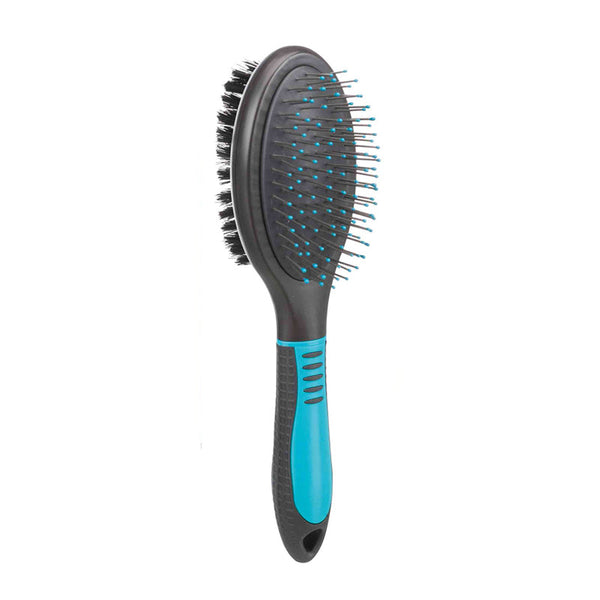 Plastic double-sided dog brush 23cm with nylon and wire bristles, non-slip grip for gentle coat care – Keans Claremorris
