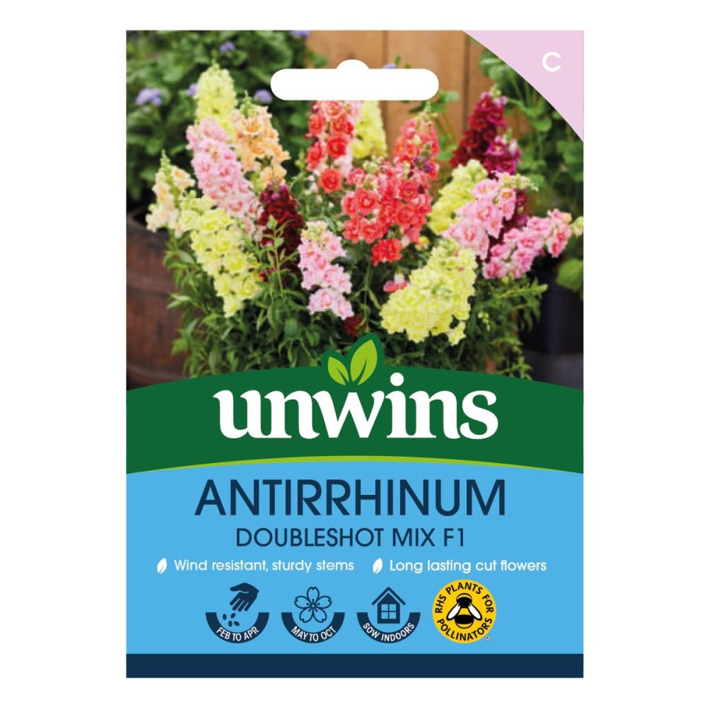 Seed packet for Unwins Antirrhinum Doubleshot Mix with colorful double-flowered snapdragons on front.