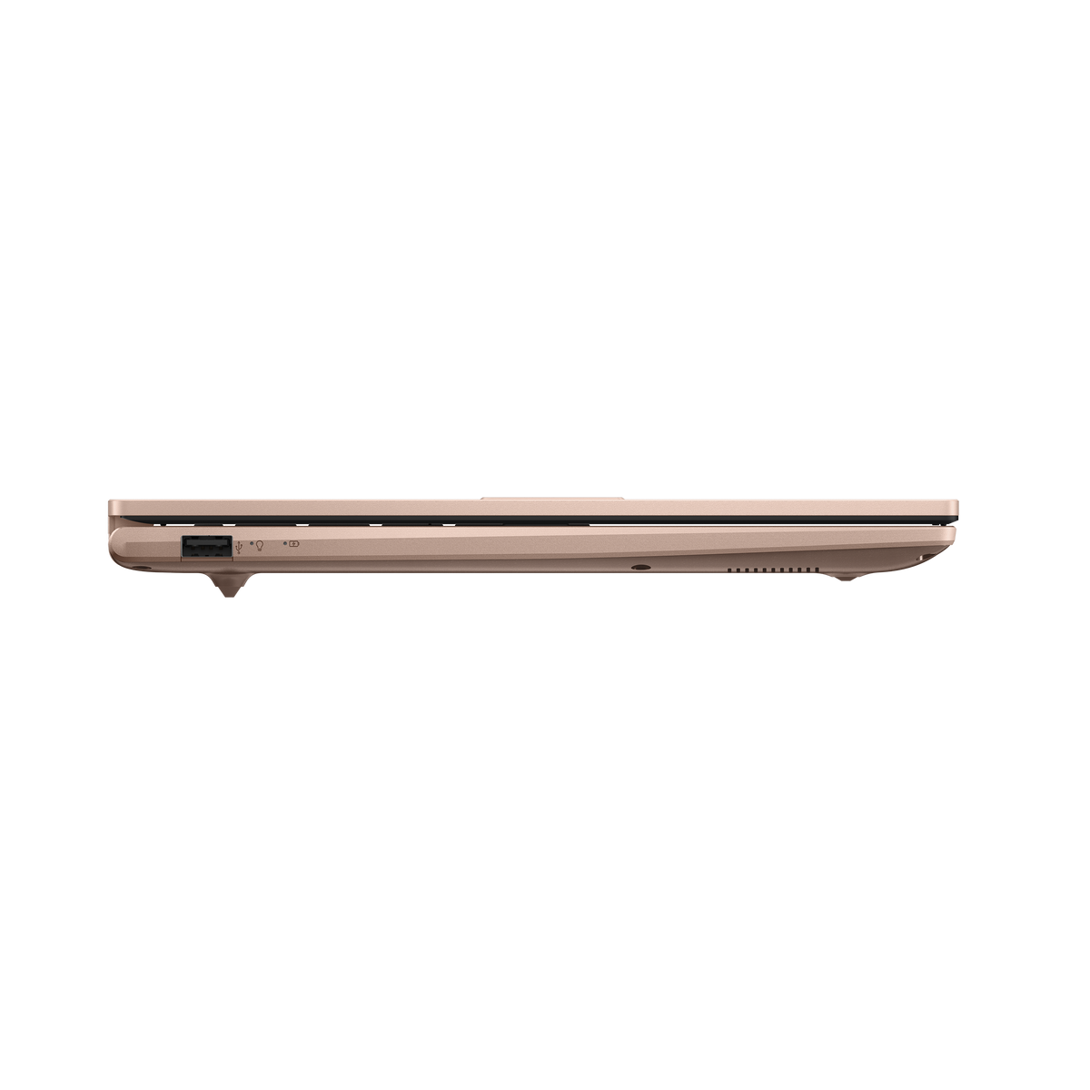 Side view of Asus VivoBook 14-inch laptop in berry pink, showing USB port and slim profile.