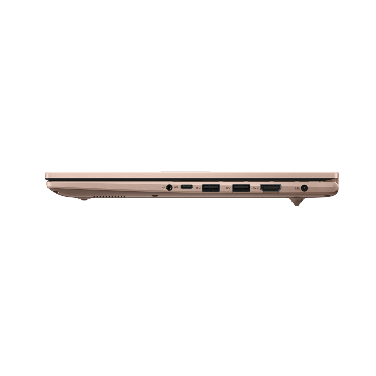 Closed side view of Asus VivoBook 14-inch laptop in berry pink showing ports and slim profile.