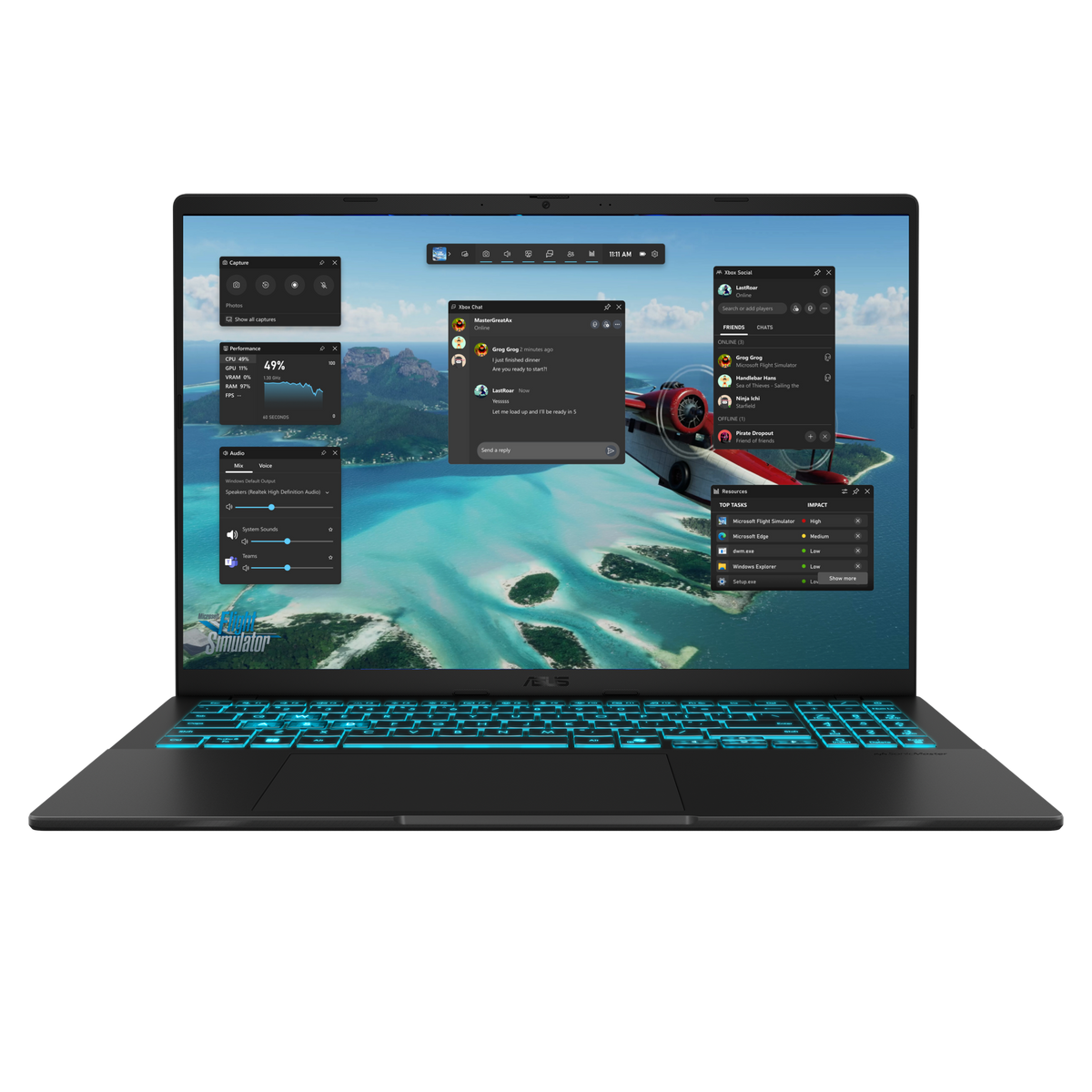 ASUS Vivobook 16 gaming laptop with backlit keyboard and screen showing Microsoft Flight Simulator gameplay and overlays