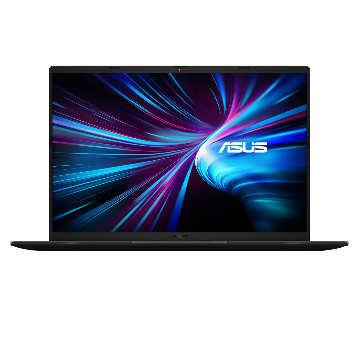 ASUS Vivobook 16 laptop open with colorful abstract swirl wallpaper on screen, front view