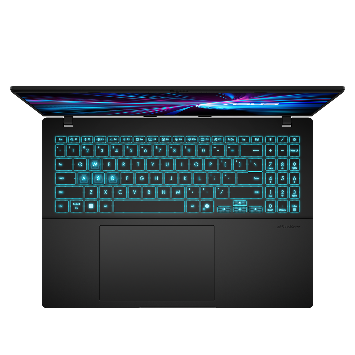 Top view of ASUS Vivobook 16 gaming laptop with glowing blue backlit keyboard and partially open screen