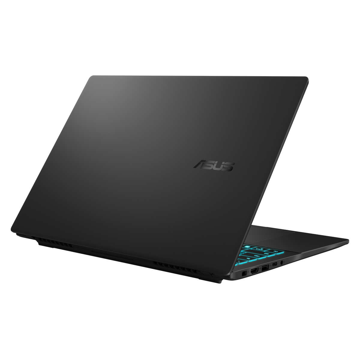 ASUS Vivobook 16 gaming laptop partially open, showing black lid with ASUS logo and glowing keyboard keys