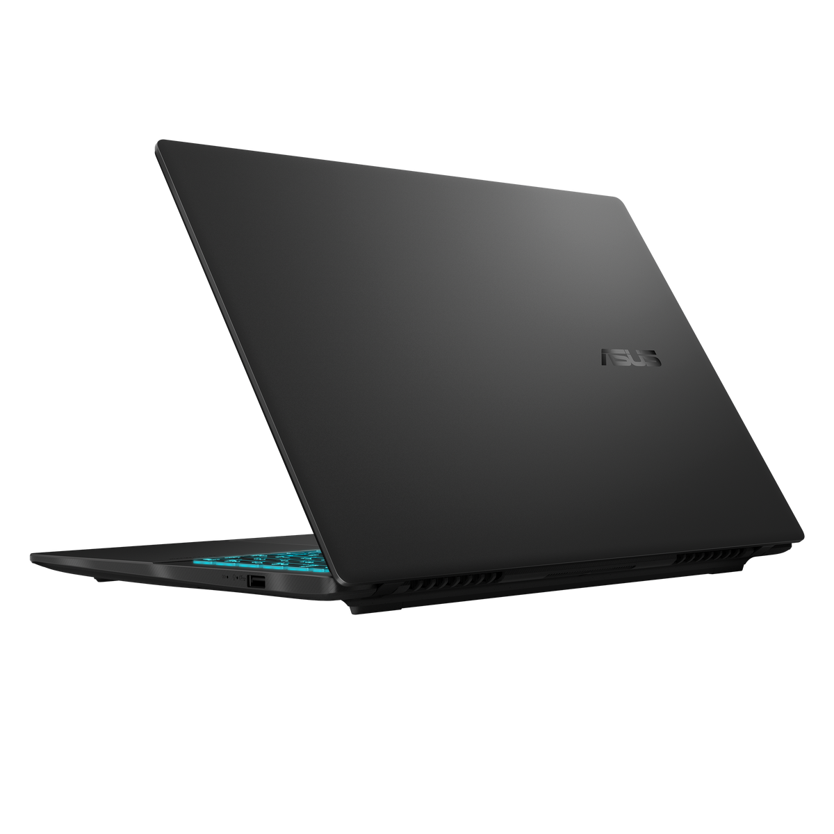 ASUS Vivobook 16 gaming laptop partially open, showing black lid with ASUS logo and glowing keyboard.