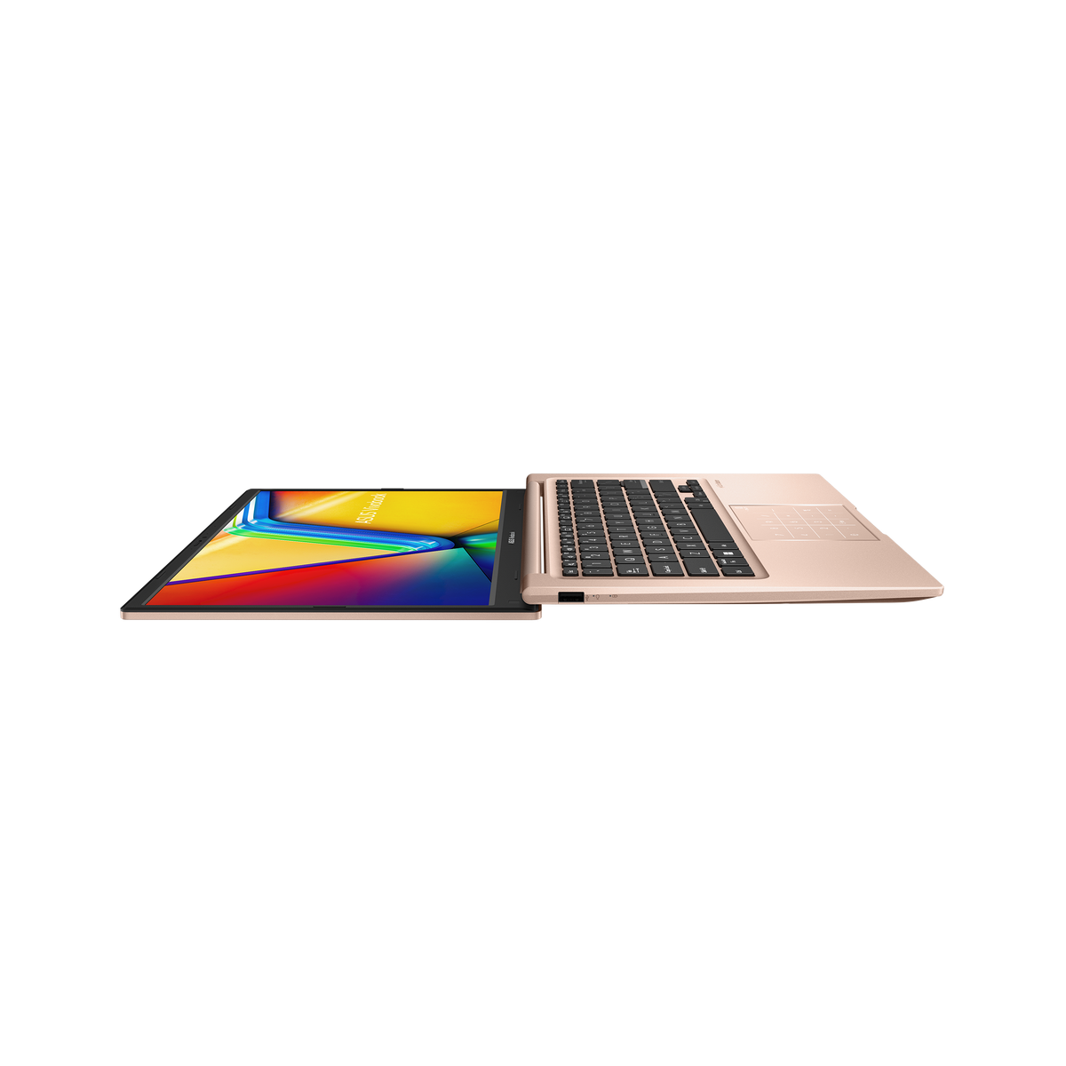 Asus VivoBook 14-inch laptop in berry pink, open flat showing keyboard and screen side view.