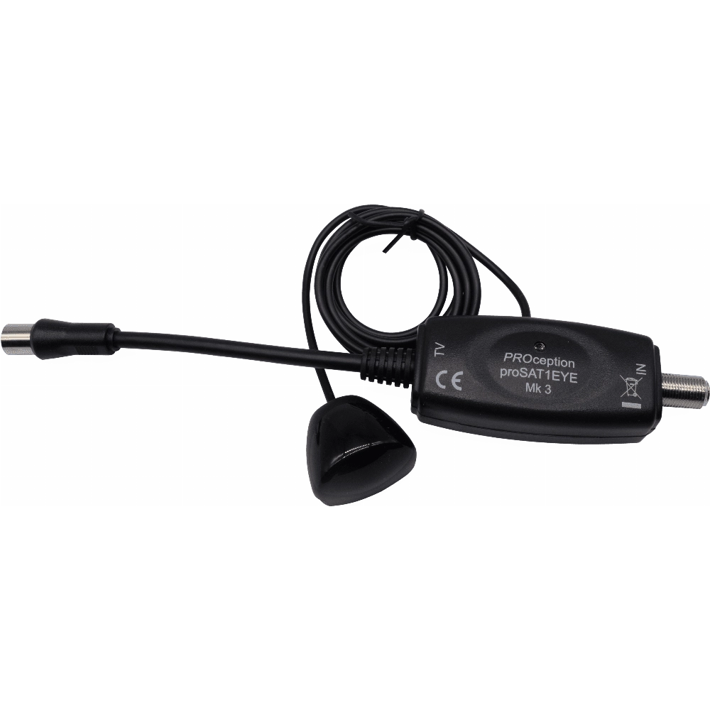 Proception Magic Eye remote control extender with black IR sensor and coaxial cable on white background.