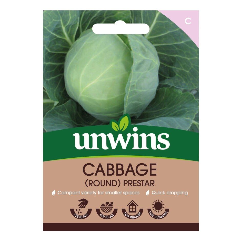 Unwins Cabbage Prestar seed packet showing a round green cabbage head and planting icons.