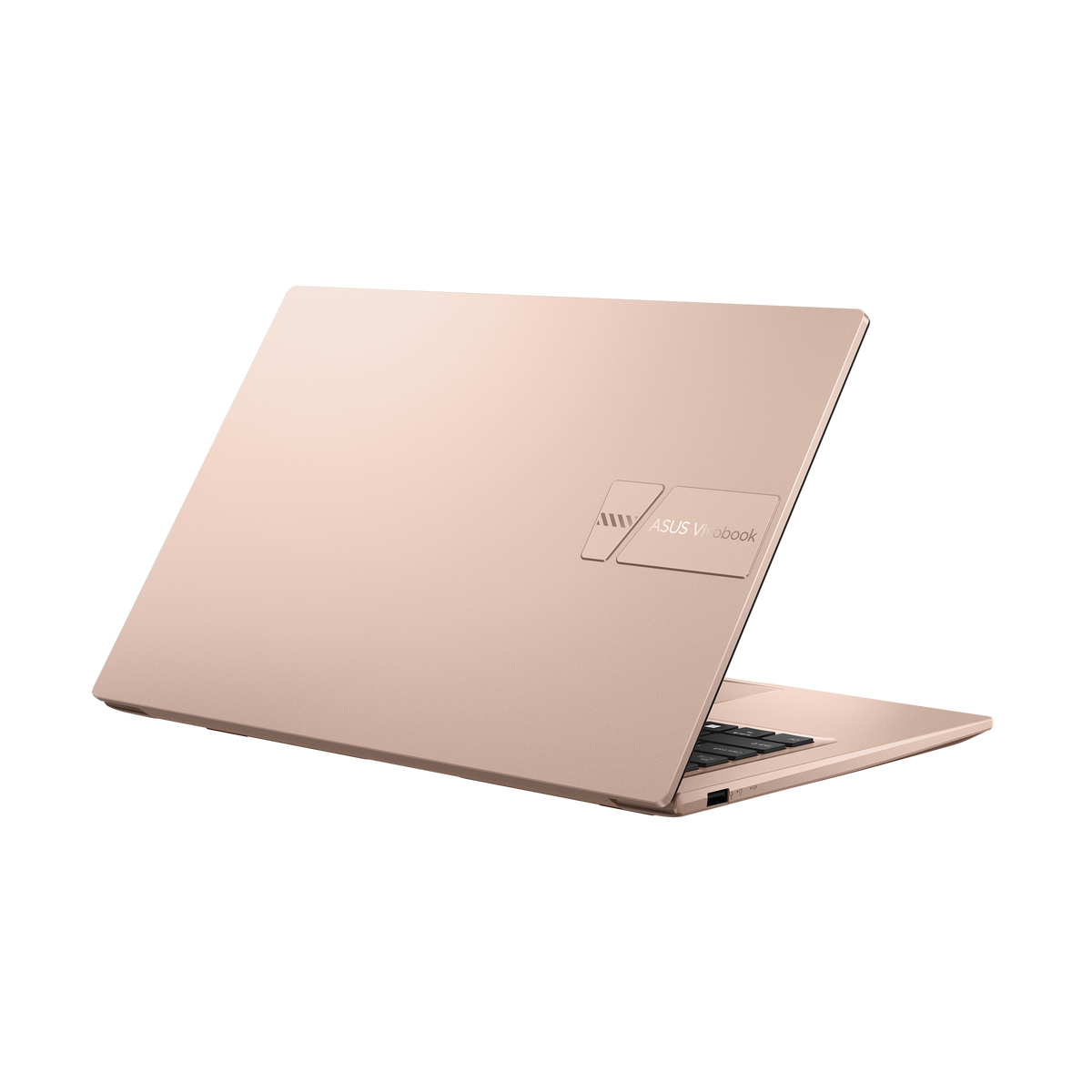Berry pink Asus VivoBook laptop partially open showing rear and side ports with logo on lid