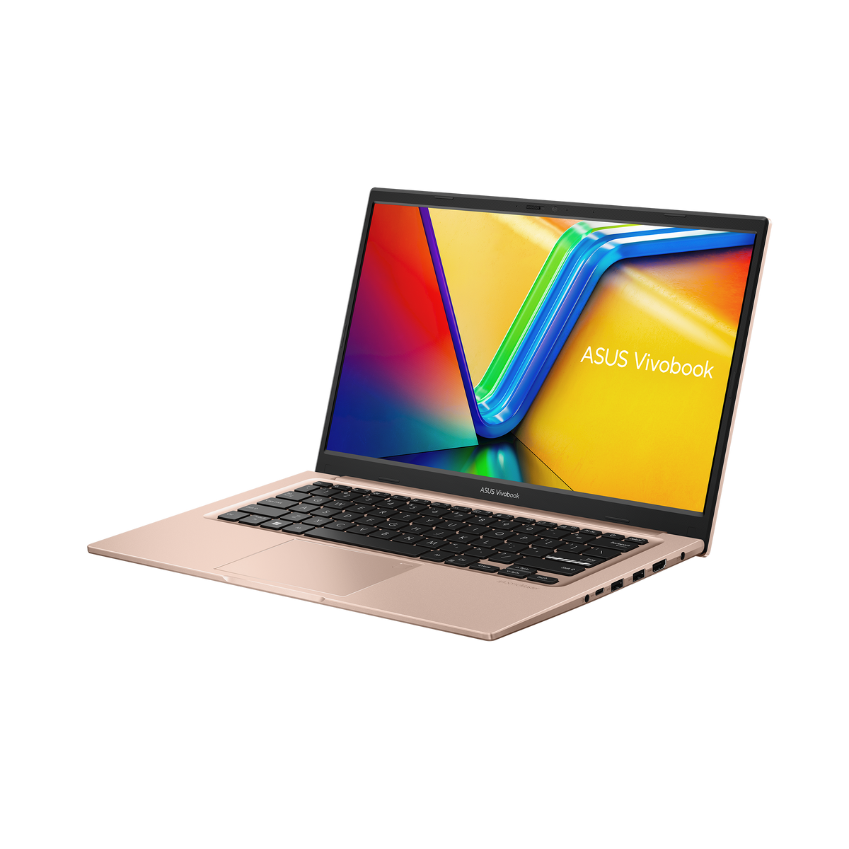 Open Asus VivoBook laptop in berry pink showing keyboard and colorful screen with logo on display bezel.