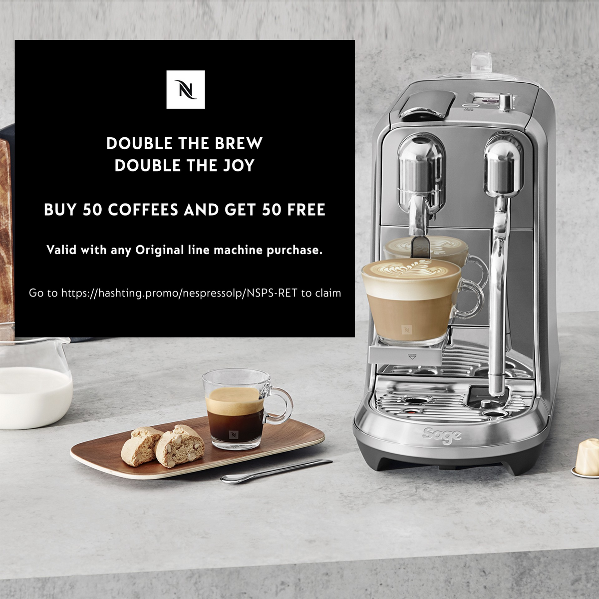 Sage The Creatista Plus Nespresso Pod Machine with two cups of latte art coffee and espresso on a gray countertop.