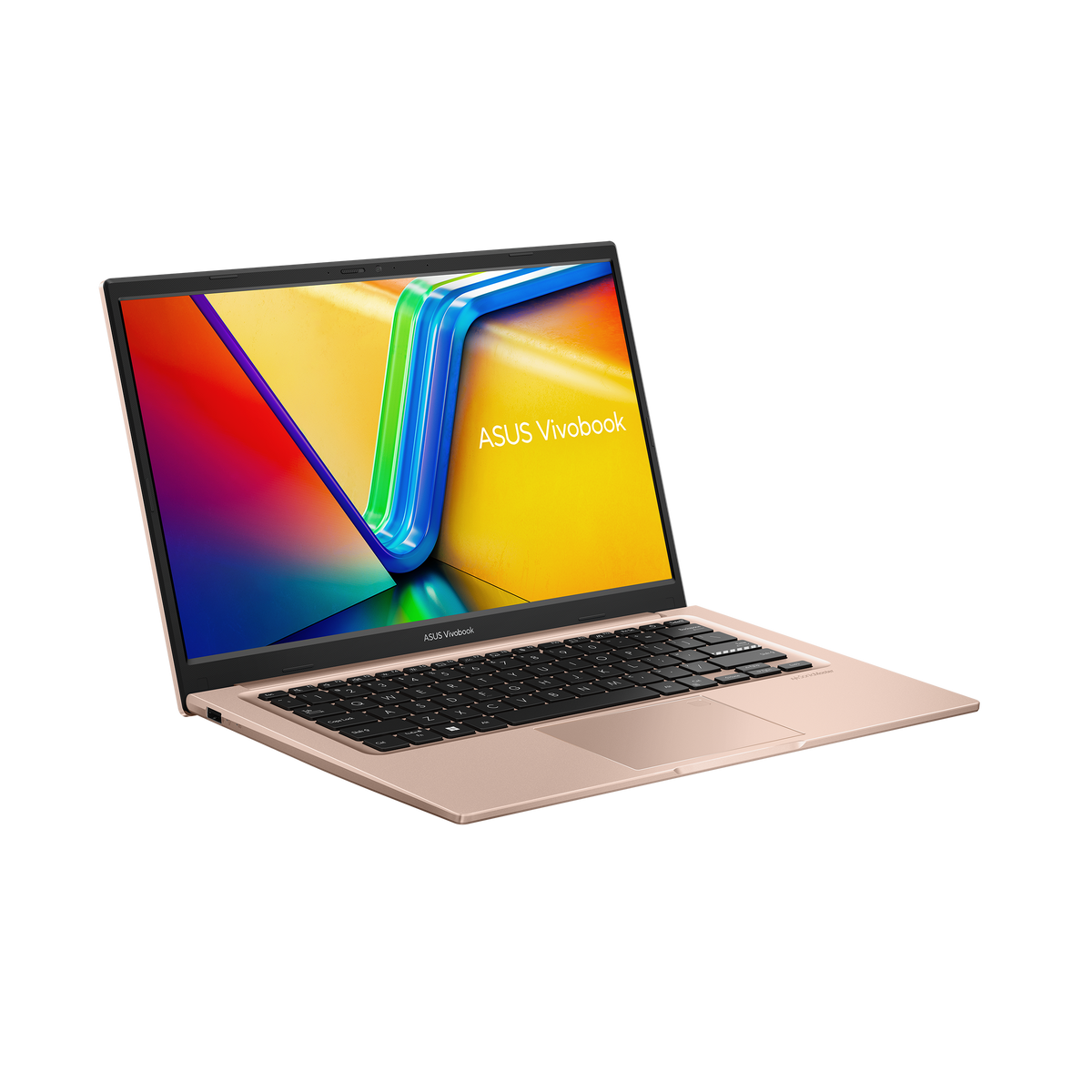 Open Asus VivoBook laptop in berry pink showing colorful screen and black keyboard from a side angle.