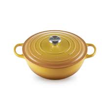 Le Creuset 28cm Nectar cast iron soup pot with heat-resistant lid, suitable for all cooktops, from Keans Claremorris.