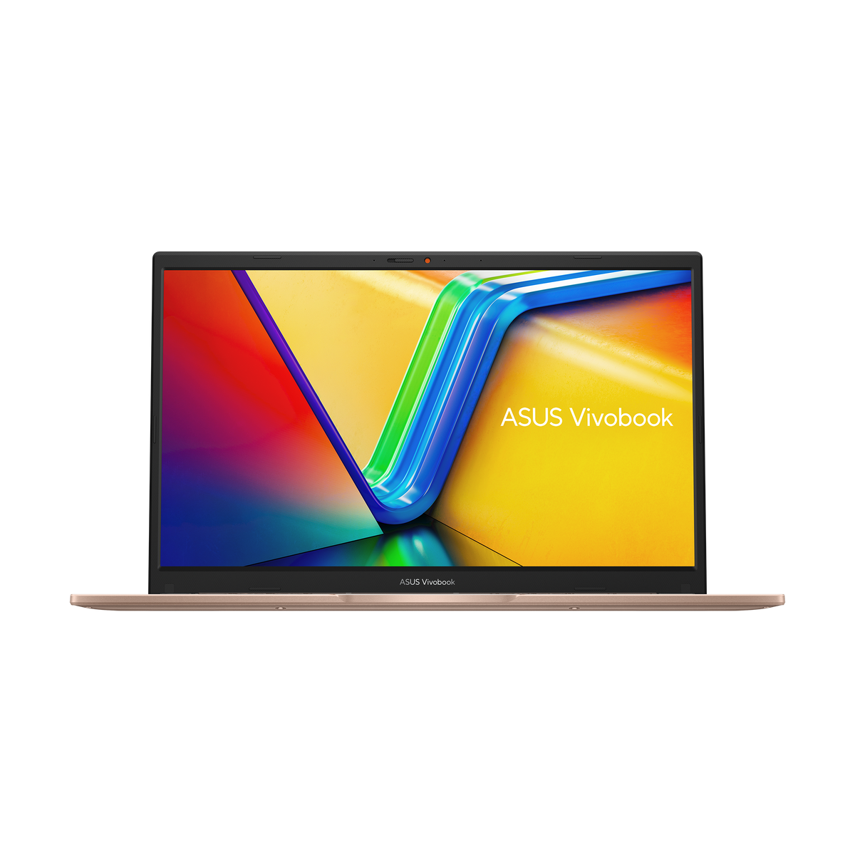 Open Asus VivoBook laptop in berry pink showing colorful screen and keyboard area from front angle