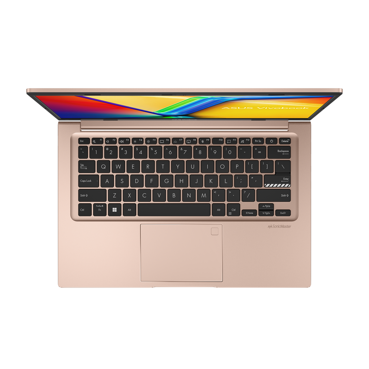 Asus VivoBook laptop in berry pink, partially open showing keyboard and colorful screen edge.