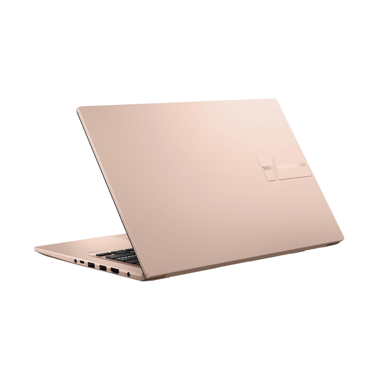 Berry pink Asus VivoBook laptop partially open, showing rear and side ports with keyboard edge visible.