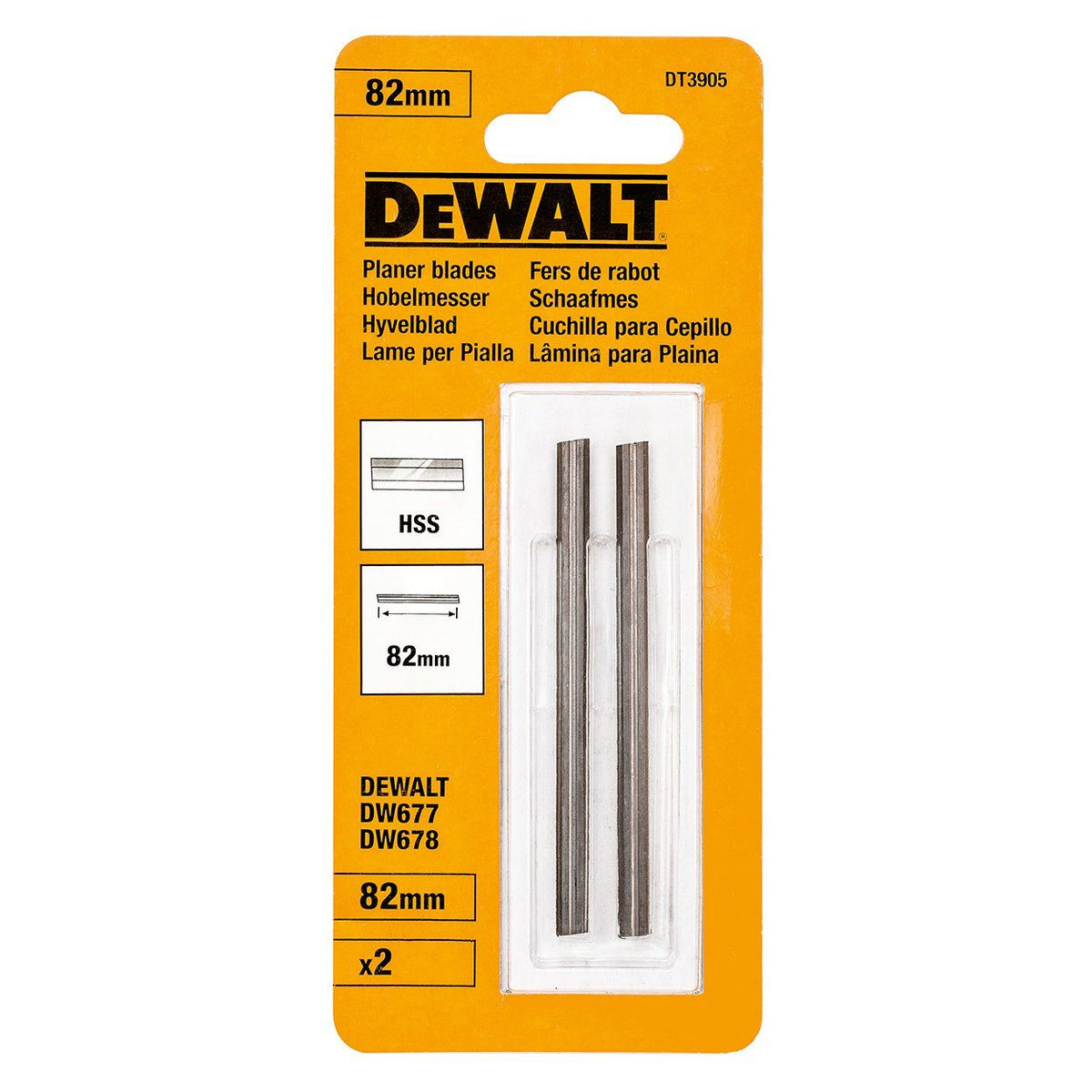 DeWalt DT3905 82mm reversible HSS planer blades in yellow blister pack with two blades visible.