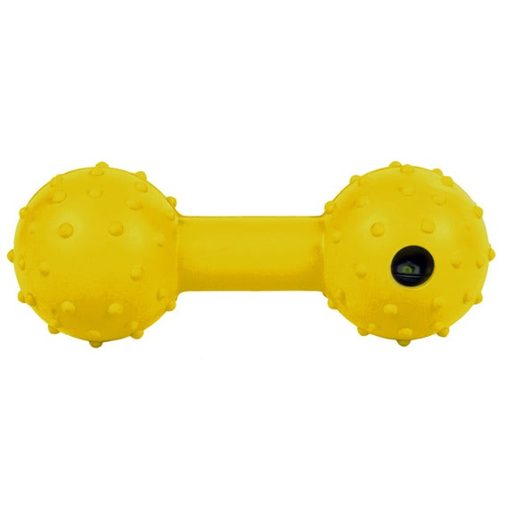 Yellow 12cm natural rubber dog dumbbell with internal bell and bumpy surface for gum massage – Keans Claremorris