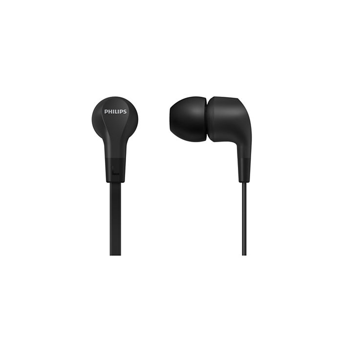 Philips black in-ear wired headphones with silicone ear tips and flat cable, front and side views.