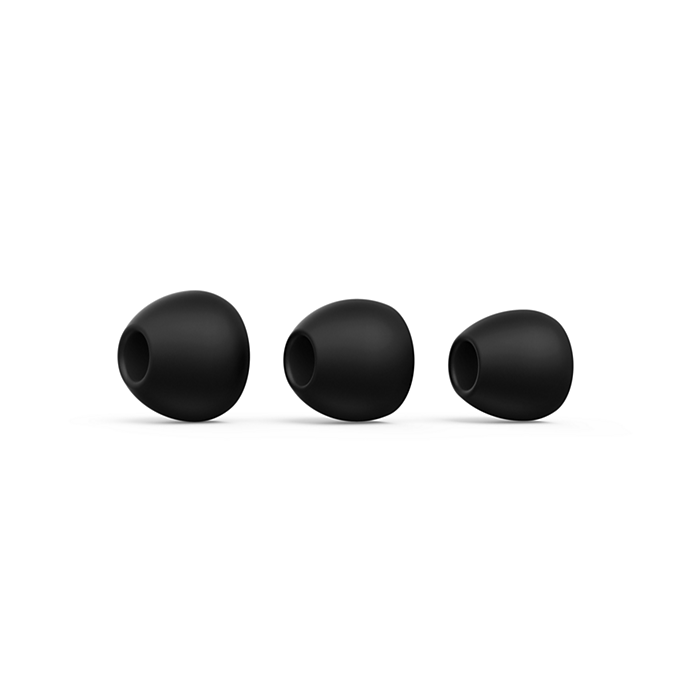 Three black silicone ear tips of different sizes for Philips in-ear wired headphones with volume control