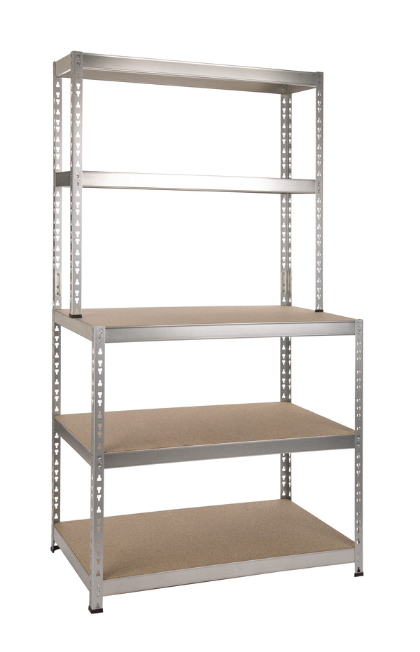 Galvanised boltless shelving and workbench, 5 shelves, high density fibreboard, 1800x1000mm, 725kg max load - Keans