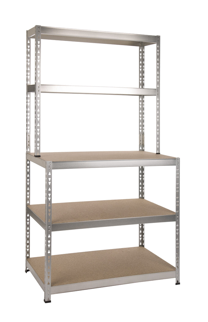 Galvanised boltless shelving and workbench, 5 shelves, high density fibreboard, 1800x1000mm, 725kg max load - Keans