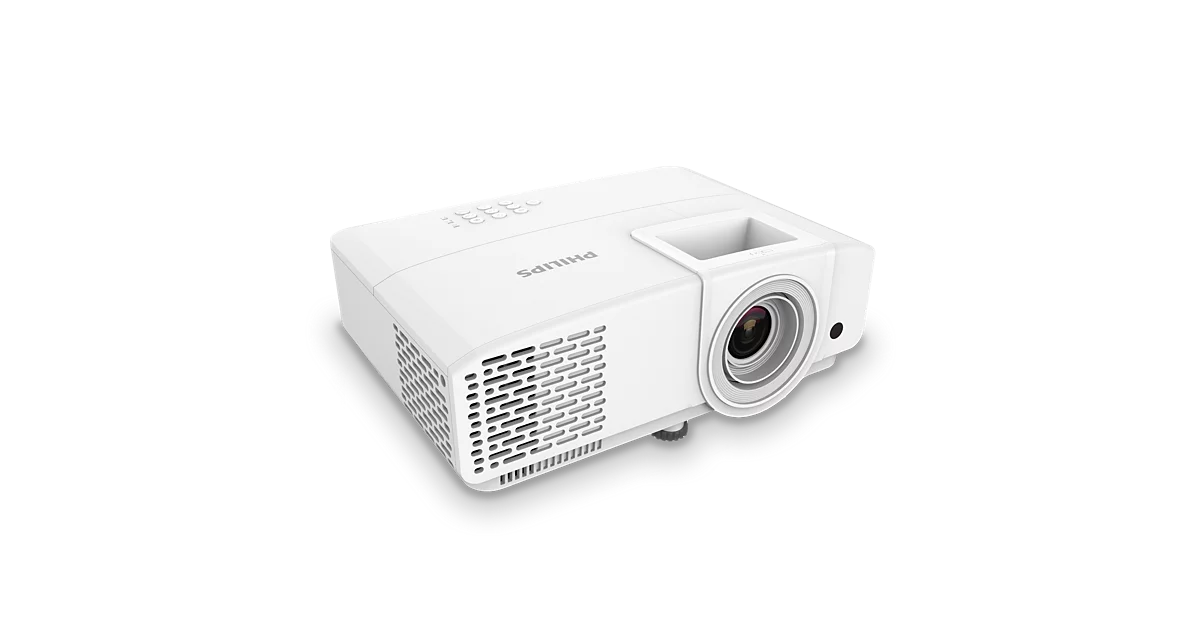 Philips ProPix 850 white projector angled view showing lens and ventilation grills on a white background