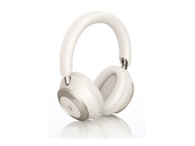 Soundcore Space One Pro white over-ear headphones angled to show ear cups and padded headband.