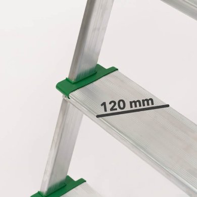 Close-up of Probuild aluminium step ladder showing 120mm wide tread with green corner fittings.