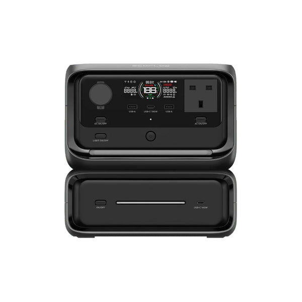 A black portable power station shown open, with the top unit displaying a digital screen, outlets, and ports, and the bottom unit showing an empty slot for a battery or accessory, on a solid white background.