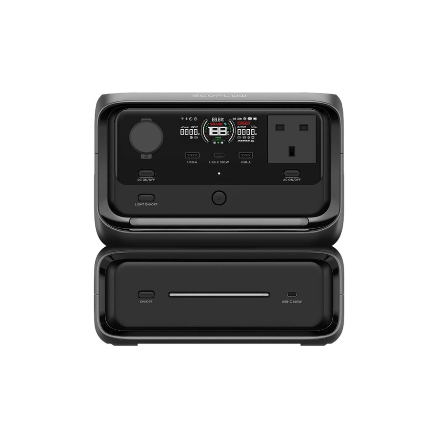 A black portable power station shown open, with the top unit displaying a digital screen, outlets, and ports, and the bottom unit showing an empty slot for a battery or accessory, on a solid white background.