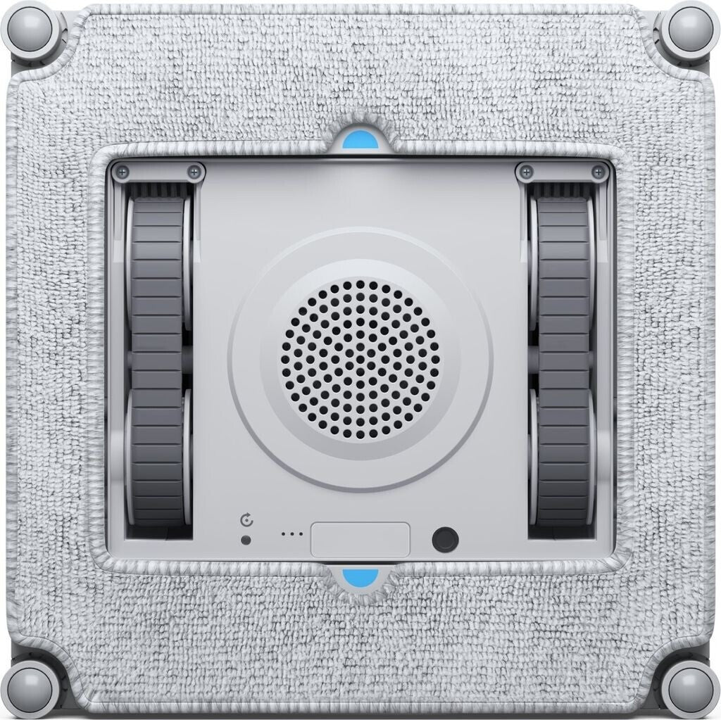 Bottom view of Ecovacs Winbot Mini Eu Beige window cleaning robot showing wheels and cleaning pad.