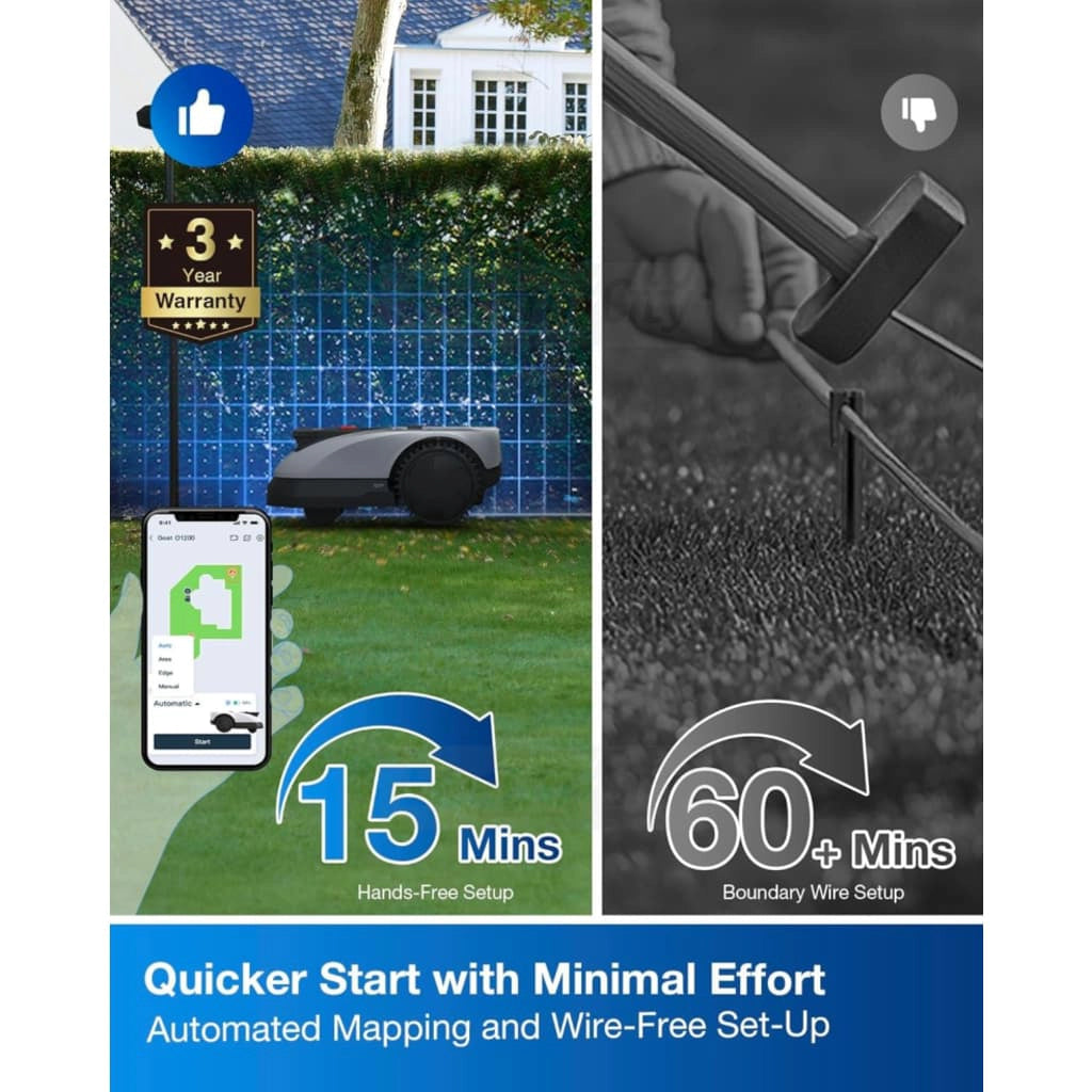 Ecovacs Goat O1200 Lidar Pro robot lawnmower with phone app showing 15-minute hands-free setup vs wire setup.